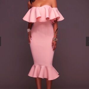 NEW SALMON PINK OFF THE SHOULDER RUFFLE SCUBA DRESS LARGE